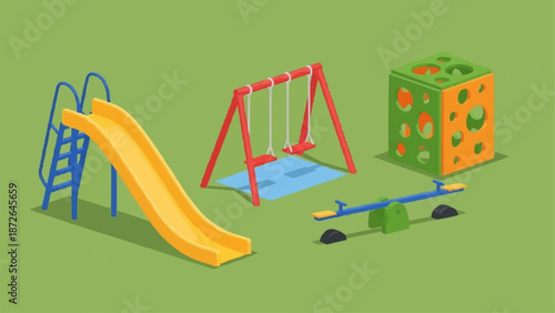 Childrens playground equipment with slide swing and seesaw.