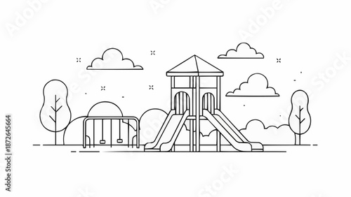 Childrens playground equipment with slides and swings in a park.