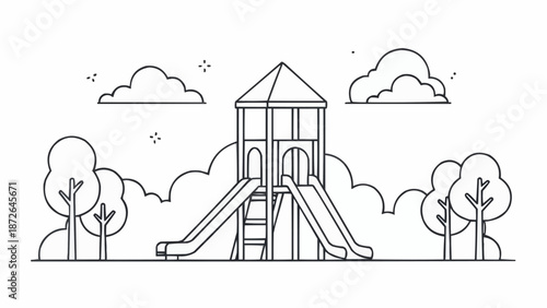 Childrens playground equipment with slides and trees in the background.