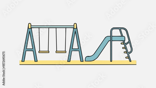 Childrens playground swing set and slide illustration.