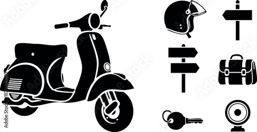 Vintage scooter helmet keys bag signpost vector icons in black and white simple style for design and travel use