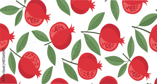 Seamless pomegranate fruit pattern vector with red berries and green leaves in fresh botanical flat illustration style
