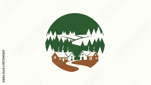 Charming village nestled in a lush green forest landscape.