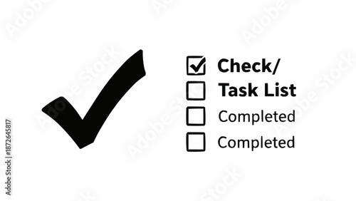 Checklist with a large black check mark and completed tasks.