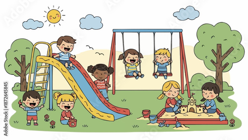 Children playing happily on a colorful playground slide and swings.