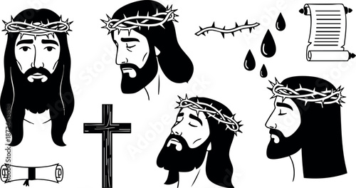 Jesus Christ with crown of thorns vector set showing multiple head views cross and scroll illustrations for religious designs