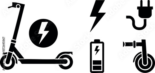 Electric scooter battery charging icon set with power plug and energy symbols for urban mobility and eco transportation vector illustration