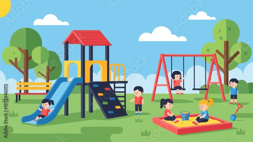 Children playing on a colorful playground with swings and slides.