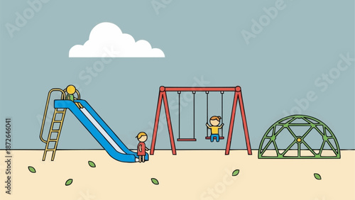 Children playing on a playground slide and swings.