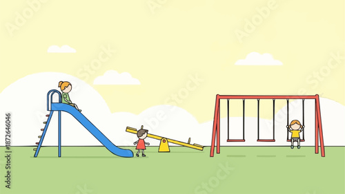 Children playing on a playground slide and swings.