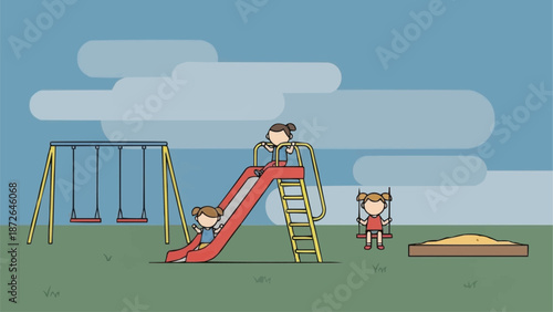 Children playing on a playground slide with swings and sandbox.