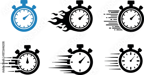 Stopwatch icons set showing speed and time measurement in dynamic style for sports and racing vector illustration