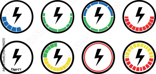 Battery charge level icons in various colors showing energy status and power indicators vector illustration