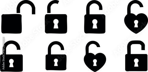 Set of black silhouette open padlocks and heart-shaped lock icons vector illustration for security and privacy concepts