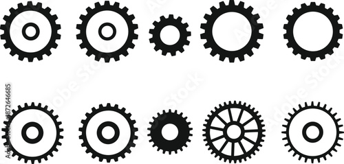 Black gear icon set featuring various cogwheel shapes for mechanics, engineering, machinery, settings, tools, and technical design projects
