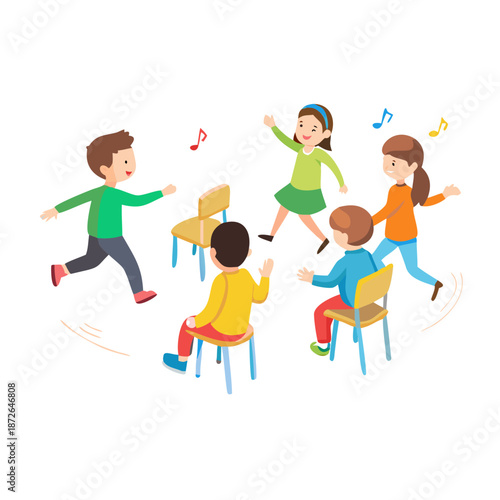 Cartoon happy children playing musical chairs vector illustration. Kids excitedly walking around the chairs vector illustration. Fun and childhood concept. Isolated on white background

