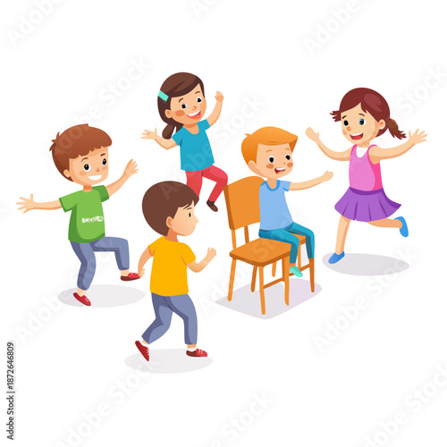 Cartoon happy children playing musical chairs vector illustration. Kids excitedly walking around the chairs vector illustration. Fun and childhood concept. Isolated on white background
