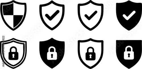 Security shield icons set with padlock and check mark symbols for protection and safety design