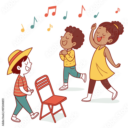 Cartoon happy children playing musical chairs vector illustration. Kids excitedly walking around the chairs vector illustration. Fun and childhood concept. Isolated on white background
