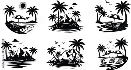Summer beach silhouette vector set, black and white tropical palm tree icons, ocean island travel landscapes, holiday resort logo collection
