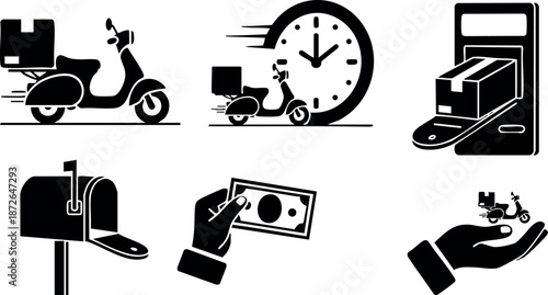 Delivery service icons with scooter fast shipping payment mailbox and parcel handling vector set