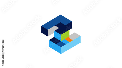 Abstract 3D Geometric Number Two Building Blocks.