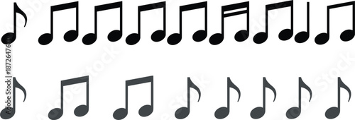 Set of black and gray musical note icons and symbols in various styles isolated on white for composition.