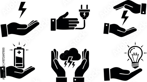 Hands holding energy icons with electric power plug battery cloud light bulb symbols vector illustration