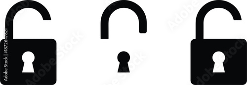 Set of black unlocked padlock icons vector illustration for security access granted privacy settings and data decryption interface.