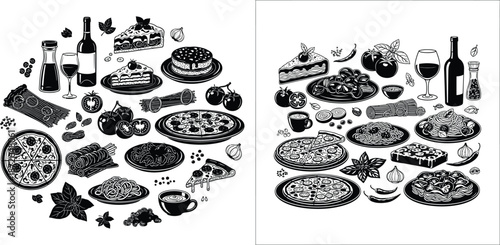 Italian food illustrations in black and white, including pasta, pizza, wine and desserts