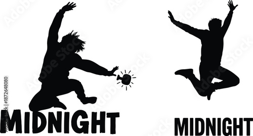 Jumping silhouette figures with celebratory horn in design for posters and print