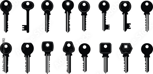 Key silhouettes assortment, diverse lock designs set, security elements collection of different shapes