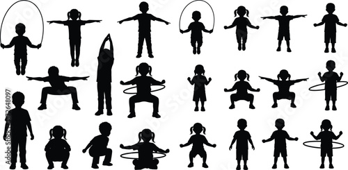 Kids silhouettes exercising jumping rope, stretching, hula hoop fitness activity poses set