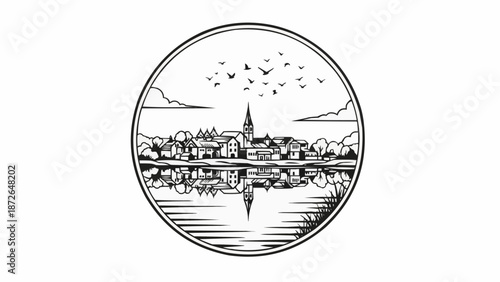 Circular village landscape with church and reflection.