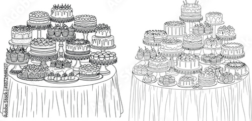 Line art buffet of decorated cakes and cupcakes on tiered stands, dessert spread