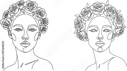 Line art faces with rose wreaths, minimal aesthetic design for print templates and web