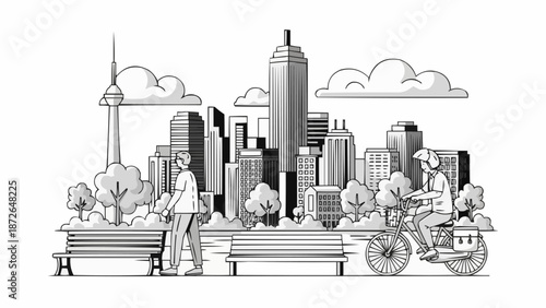 City park scene with people and skyscrapers illustration.