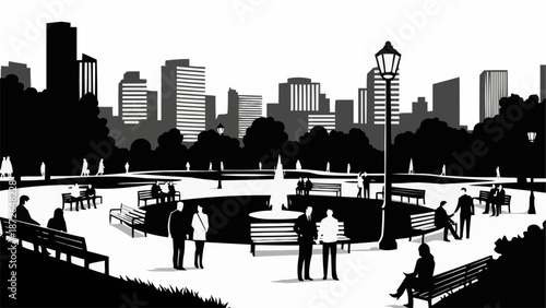 City park scene with people enjoying leisure time and fountain.