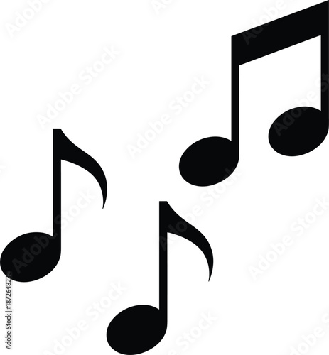 Three black floating musical note vector icons in staggered composition isolated on white background for creative audio design.