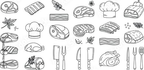 Line art food icons with meat cuts, kitchen cutlery, and chef's hat assortment