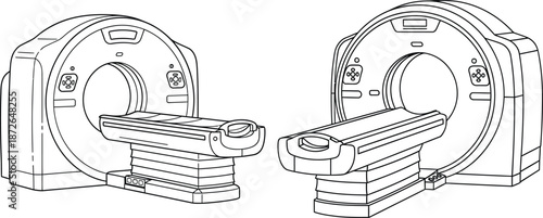 Line art illustration of two medical computed tomography scanners used for diagnostics