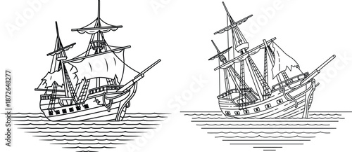 Line art illustration of two sailing ships, one stable, another sinking in water