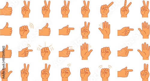 Hand gesture vector icon set featuring thumbs up peace sign pointing finger and palm for communication web and app interface design elements.