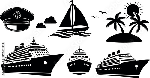 Cruise ship yacht sailboat captain hat tropical island palm trees sun seagulls vector set collection