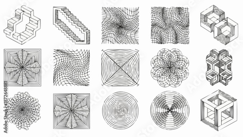 Collection of abstract geometric shapes and patterns in black and white line art style.