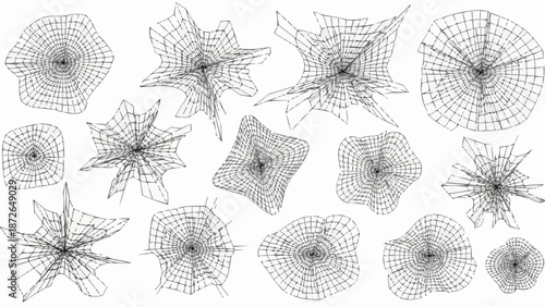 Collection of abstract starburst shapes in black and white line art.