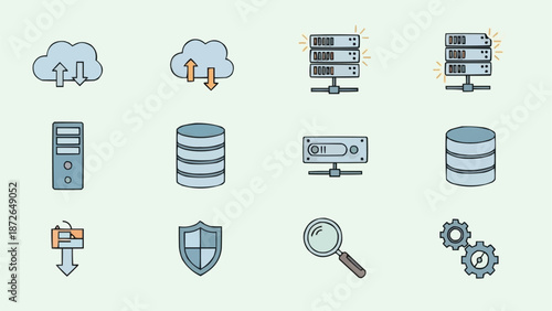 Cloud computing and data storage icons with servers and security symbols.