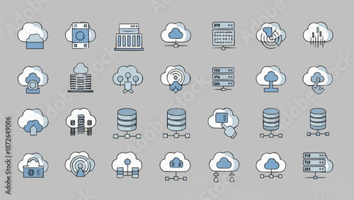 Cloud computing icons and symbols for technology and data storage.