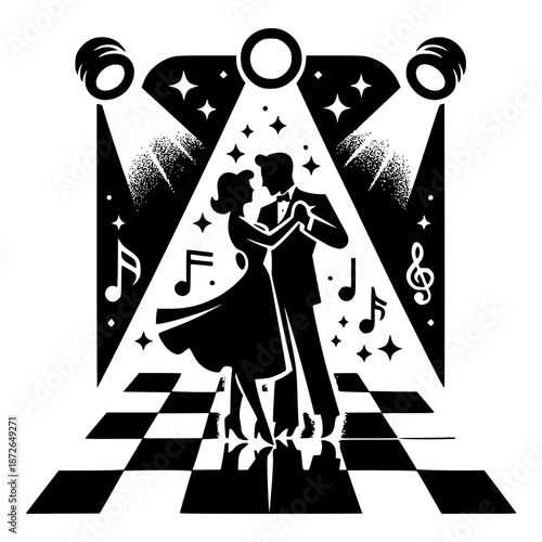 a stylized silhouette of a couple dancing on a checkered dance floor vector illustration image