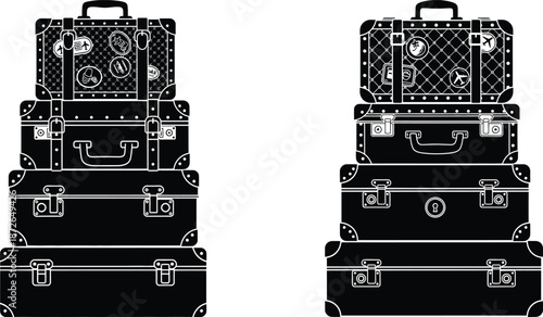 Luggage Stacked, Vintage Suitcases Pile with Travel Stickers, and Simple Outline Illustration